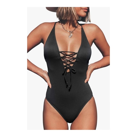 Cupshe // Black Ribbed Lace-Up Swimsuit - Picture 1 of 7